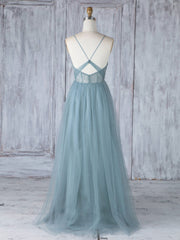 Bridesmaid Dresses In Store, Simple Sweetheart Neck Tulle Lace Long Prom Dresses, Gray Blue Bridesmaid Dresses