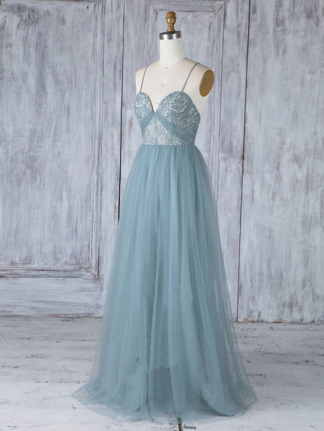 Bridesmaid Dresses Custom, Simple Sweetheart Neck Tulle Lace Long Prom Dresses, Gray Blue Bridesmaid Dresses