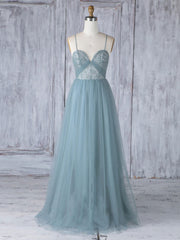 Bridesmaid Dress Website, Simple Sweetheart Neck Tulle Lace Long Prom Dresses, Gray Blue Bridesmaid Dresses