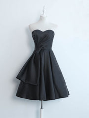Party Dresses With Sleeves, Simple Sweetheart Satin Short Black Prom Dress, Black Homecoming Dresses