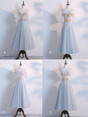 Bridesmaids Dress Designers, Simple Tulle Lace Gray Prom Dresses, Tea Length Lace Bridesmaid Dresses