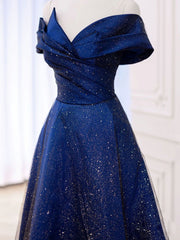 Prom Dress Sale, Simple Tulle Satin Dark Blue Long Prom Dress, Blue Formal Evening Dress