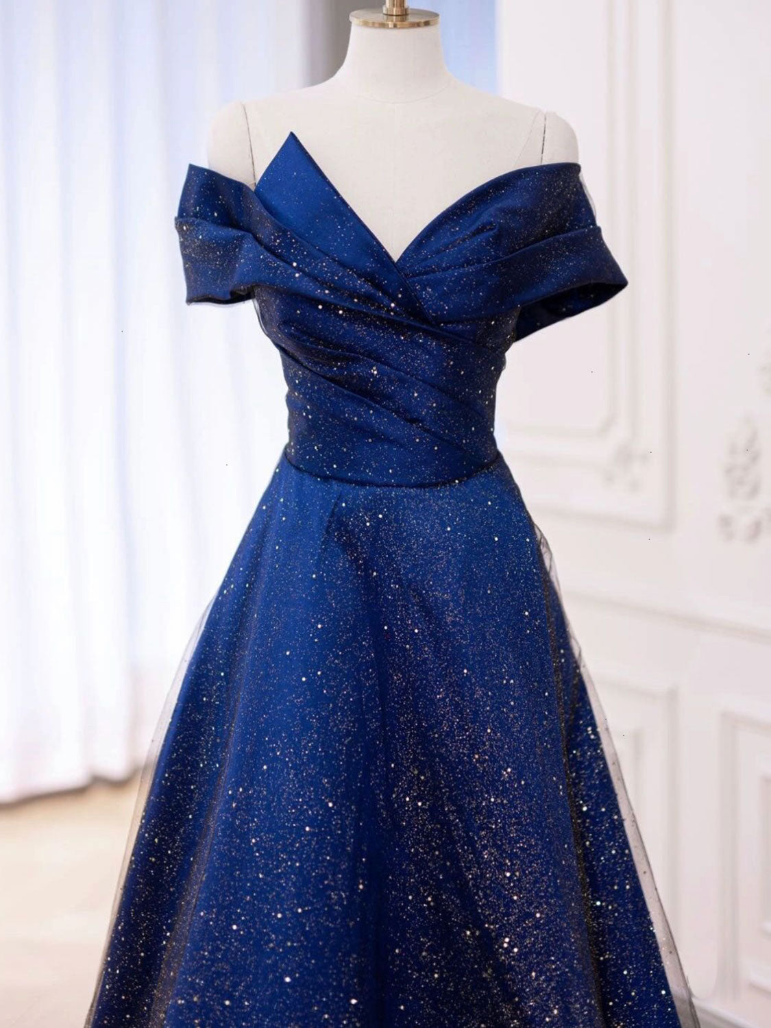 Prom Dresses Online, Simple Tulle Satin Dark Blue Long Prom Dress, Blue Formal Evening Dress