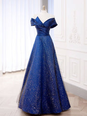 Prom Dresses Under 204, Simple Tulle Satin Dark Blue Long Prom Dress, Blue Formal Evening Dress