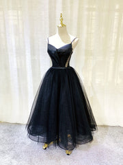 Go Out Outfit, Simple Tulle Tea Length Black Prom Dress, Black Homecoming Dress