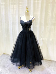 Club Outfit, Simple Tulle Tea Length Black Prom Dress, Black Homecoming Dress