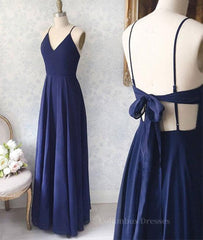 Homecoming Dresses Black, Simple V Neck Backless Blue Long Prom Dresses, V Neck Blue Formal Evening Dresses, Blue Graduation Dresses