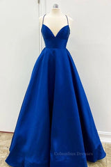 Party Dress For Girls, Simple V Neck Backless Royal Blue Satin Long Prom Dress, Royal Blue Backless Formal Dress, Royal Blue Evening Dress, Ball Gown
