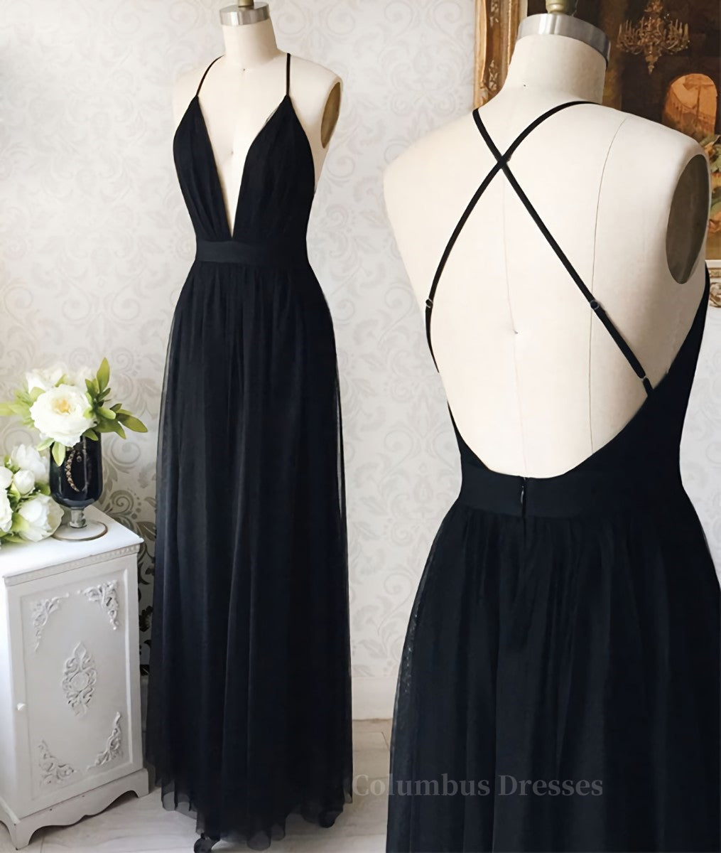 Party Dress And Gown, Simple v neck black tulle long prom dress, black evening dress