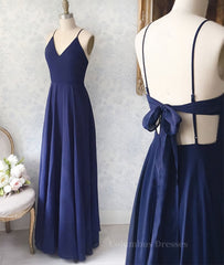 Party Dresses For Summer, Simple v neck blue long prom dress, blue evening dress