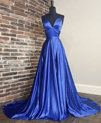 Evening Dresses Near Me, Simple V Neck Blue Satin Long Prom Dress Blue Formal Dress