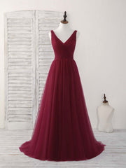 Prom Dress Long Sleeve, Simple V Neck Burgundy Tulle Long Prom Dress Burgundy Evening Dress