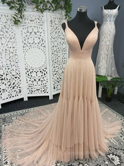 Party Dress Winter, Simple v neck champagne tulle long prom dress, champagne evening dress