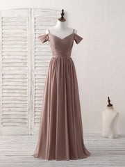 Prom Gown, Simple V Neck Dark Champagne Chiffon Long Prom Dress, Bridesmaid Dress