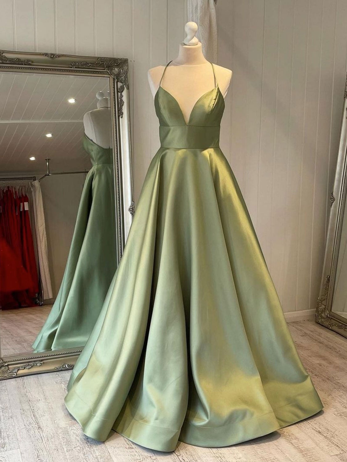 Homecoming Dress Shopping, Simple v neck green satin long prom dress, green evening dress