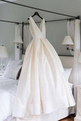 Wedding Dresses Accessories, Simple V Neck Ivory Satin Long Prom Dress, Open Back Ivory Formal Evening Dress, Ivory Wedding Dress
