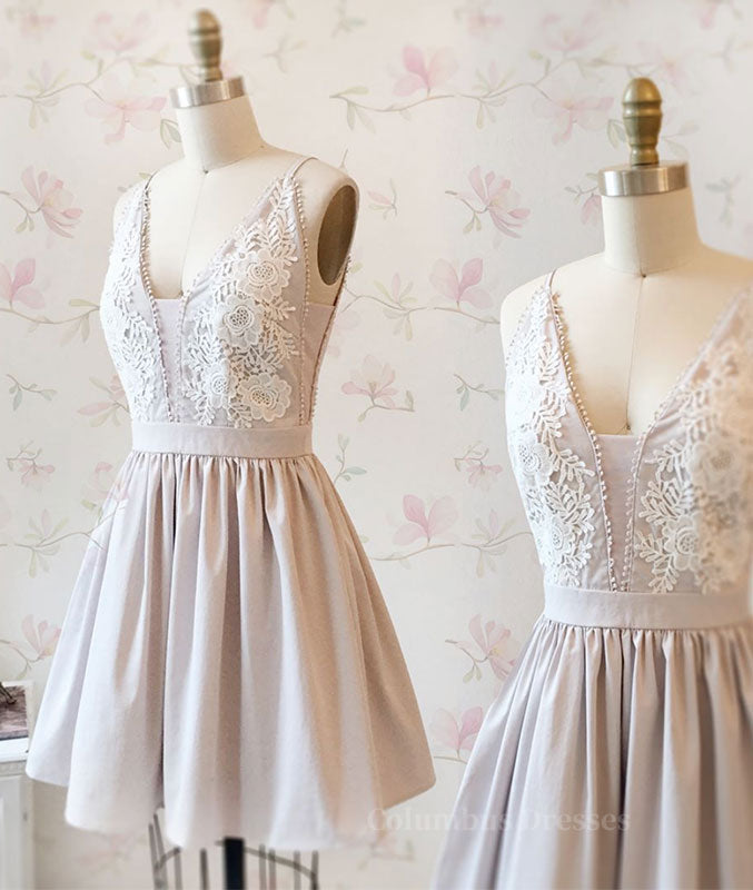 Fancy Outfit, Simple v neck lace short prom dress, homecoming dress
