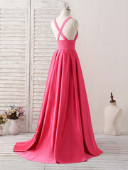 Party Dresses Pink, Simple V Neck Long Prom Dress Backless Evening Dress