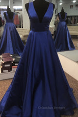 Gorgeou Dress, Simple V Neck Open Back Blue Long Prom Dress, V Neck Blue Formal Dress, Blue Evening Dress
