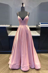Prom Dresses Ball Gown Style, Simple v neck pink satin long prom dress pink formal dress