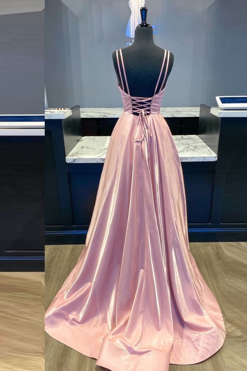 Prom Dresses For Teens Long, Simple v neck pink satin long prom dress pink formal dress