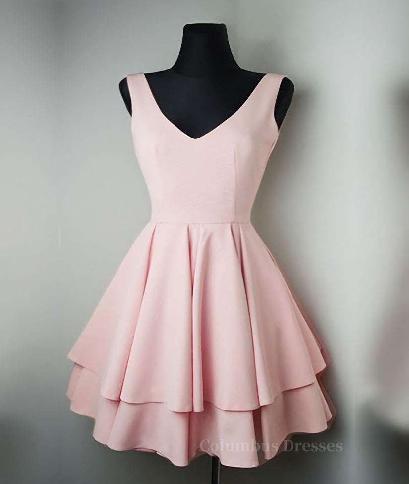 Dusty Blue Bridesmaid Dress, Simple v neck pink short prom dress, cute pink homecoming dress