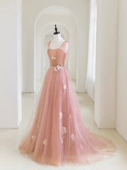 Party Dresses Glitter, Simple v neck pink tulle long prom dress, pink evening dress