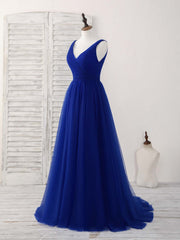 Bridesmaids Dresses Green, Simple V Neck Royal Blue Tulle Long Prom Dress Blue Evening Dress