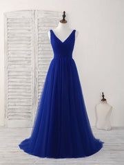 Bridesmaid Dress Green, Simple V Neck Royal Blue Tulle Long Prom Dress Blue Evening Dress