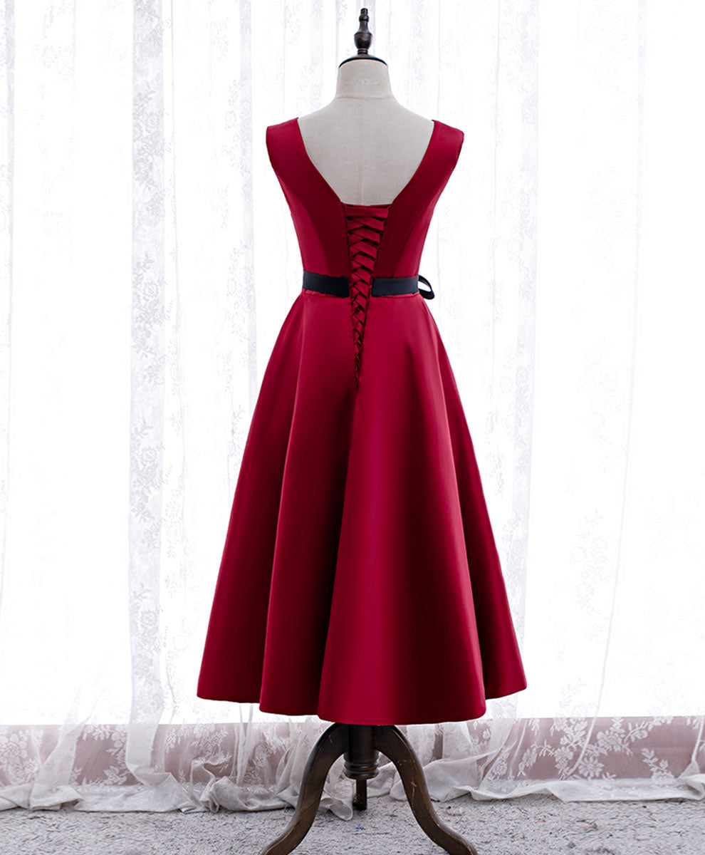 Evening Dresses Online, Simple V Neck Satin Burgundy Short Prom Dress, Burgundy Bridesmaid Dress