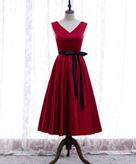 Evening Dresses Online Shopping, Simple V Neck Satin Burgundy Short Prom Dress, Burgundy Bridesmaid Dress