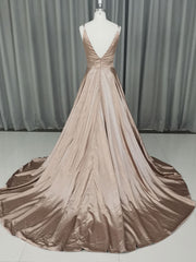 Bridesmaides Dress Ideas, Simple v neck satin champagne long prom dress champagne evening dress