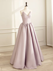 Evening Dresses Unique, Simple V Neck Satin Pink Long Prom Dress, Satin Formal Evening Dress