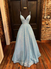 Party Dress And Gown, Simple v neck sequin long prom dress, blue sequin formal dress