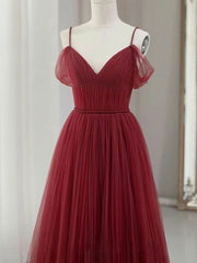 Wedding Color, Simple V neck Tulle Burgundy Long Prom Dress, Burgundy Tulle Formal Dresses