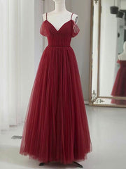 Bridesmaids Dress Purple, Simple V neck Tulle Burgundy Long Prom Dress, Burgundy Tulle Formal Dresses