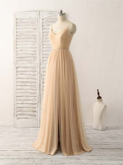 Party Dresses Long, Simple V Neck Tulle Chiffon Long Prom Dress Champagne Bridesmaid Dress