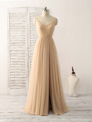 Party Dress Long, Simple V Neck Tulle Chiffon Long Prom Dress Champagne Bridesmaid Dress