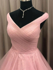 Bridesmaid Dress Blush, Simple V Neck Tulle Long Pink Prom Dress, Pink Tulle Formal Dresses