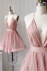 Bridesmaid Dress Mdae To Order, Simple v neck tulle pink short prom dress pink bridesmaid dress