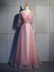 Bridesmaid Dresses For Winter Wedding, Simple V Neck Tulle Sequin Long Prom Dress, A line Tulle Evening Dresses