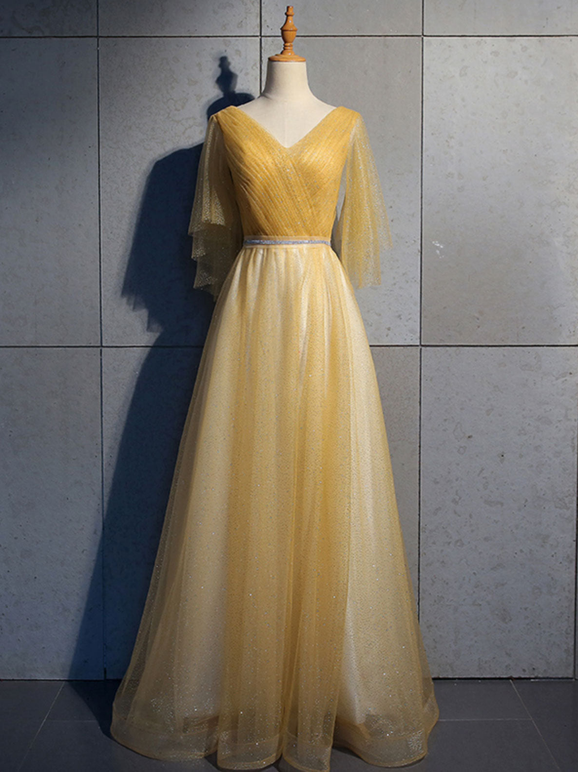 Bridesmaid Dress Vintage, Simple V Neck Tulle Sequin Long Prom Dress, A line Tulle Evening Dresses