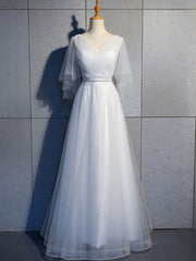 Bridesmaids Dresses Vintage, Simple V Neck Tulle Sequin Long Prom Dress, A line Tulle Evening Dresses