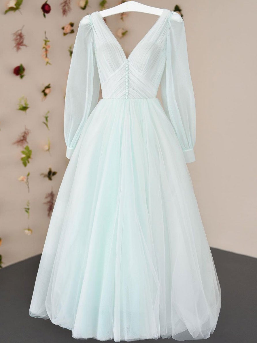 Long Dress Design, Simple v neck tulle tea length prom dress, tulle formal dress
