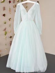 Long Dress Design, Simple v neck tulle tea length prom dress, tulle formal dress