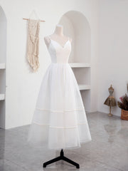Bridesmaids Dresses Mismatched Fall, Simple V Neck Tulle Tea Length White Prom Dress, White Bridesmaid Dress