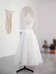 Bridesmaid Dresses Mismatched Fall, Simple V Neck Tulle Tea Length White Prom Dress, White Bridesmaid Dress