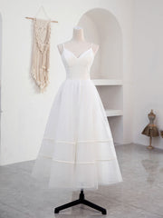 Bridesmaids Dresses Uk, Simple V Neck Tulle Tea Length White Prom Dress, White Bridesmaid Dress