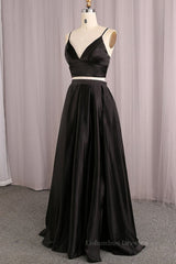 Formal Dresses Ideas, Simple V Neck Two Pieces Black Prom Dresses, 2 Pieces Black Long Formal Dresses, Black Evening Dresses