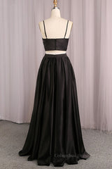 Formal Dress Trends, Simple V Neck Two Pieces Black Prom Dresses, 2 Pieces Black Long Formal Dresses, Black Evening Dresses